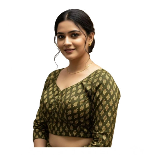 Generic Women's Ajrakh Cotton Halter Neck Padded Blouse (Olive, 38 Ready Size (Self-Alterable 36–40)