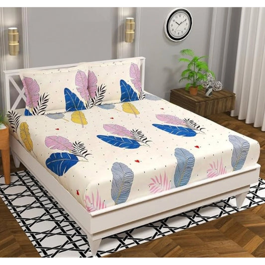 Generic Cotton Blend Floral Printed Double Bedsheet with 2 Pillow Covers (Off -White)