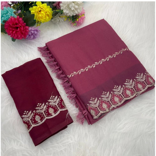 Generic Women's Georgette Embroidered Saree With Unstitched Blouse 5.5Mtr (Pink)