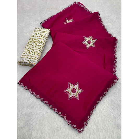 Generic Women's Chiffon Butti Dotted Saree With Unstitched Blouse 5.5Mtr (Pink)