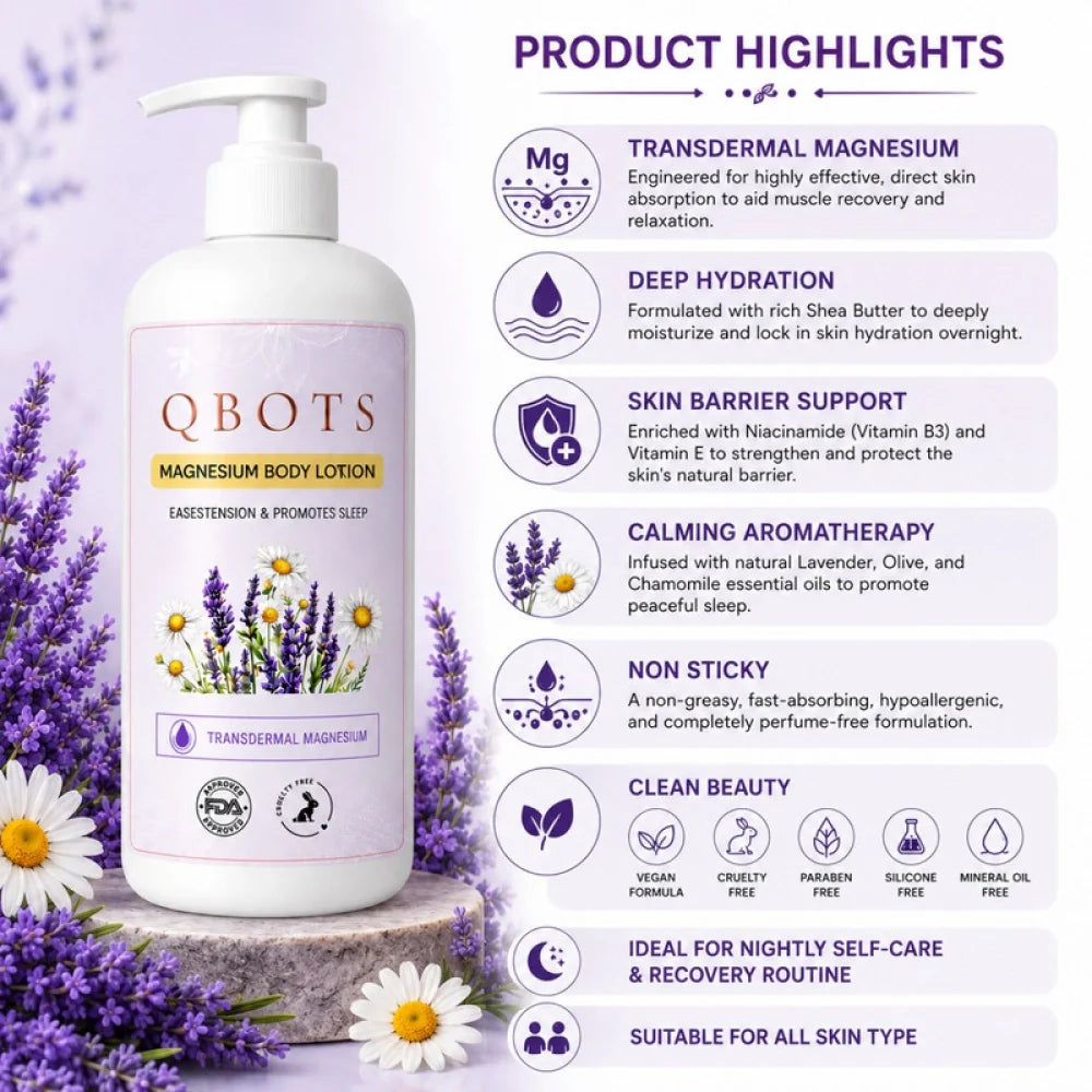 QBOTS Magnesium Body Lotion | Nightly Sleep Support & Muscle Recovery | Transdermal Magnesium with Lavender, Chamomile, Shea Butter & Niacinamide | Fast-Absorbing | 250 ml