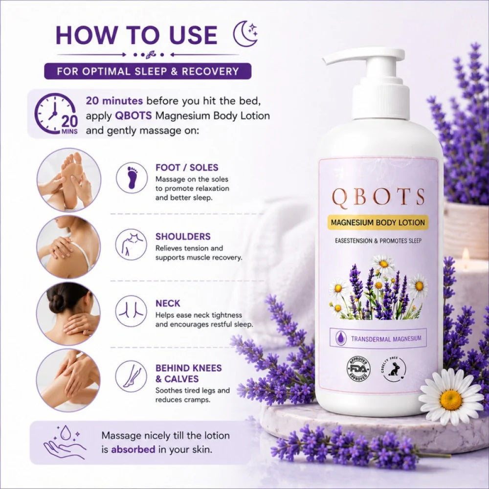 QBOTS Magnesium Body Lotion | Nightly Sleep Support & Muscle Recovery | Transdermal Magnesium with Lavender, Chamomile, Shea Butter & Niacinamide | Fast-Absorbing | 250 ml